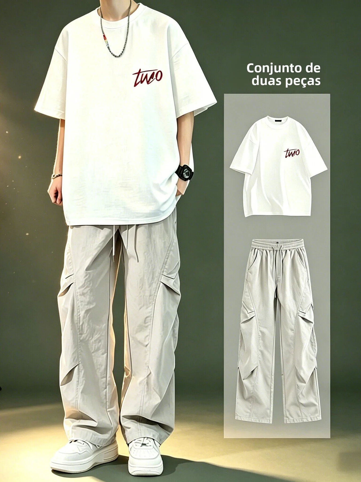 Conjunto de camiseta e calça de algodão casual de manga curta para homens, roupa moderna de verão, conjunto completo esportiv...
