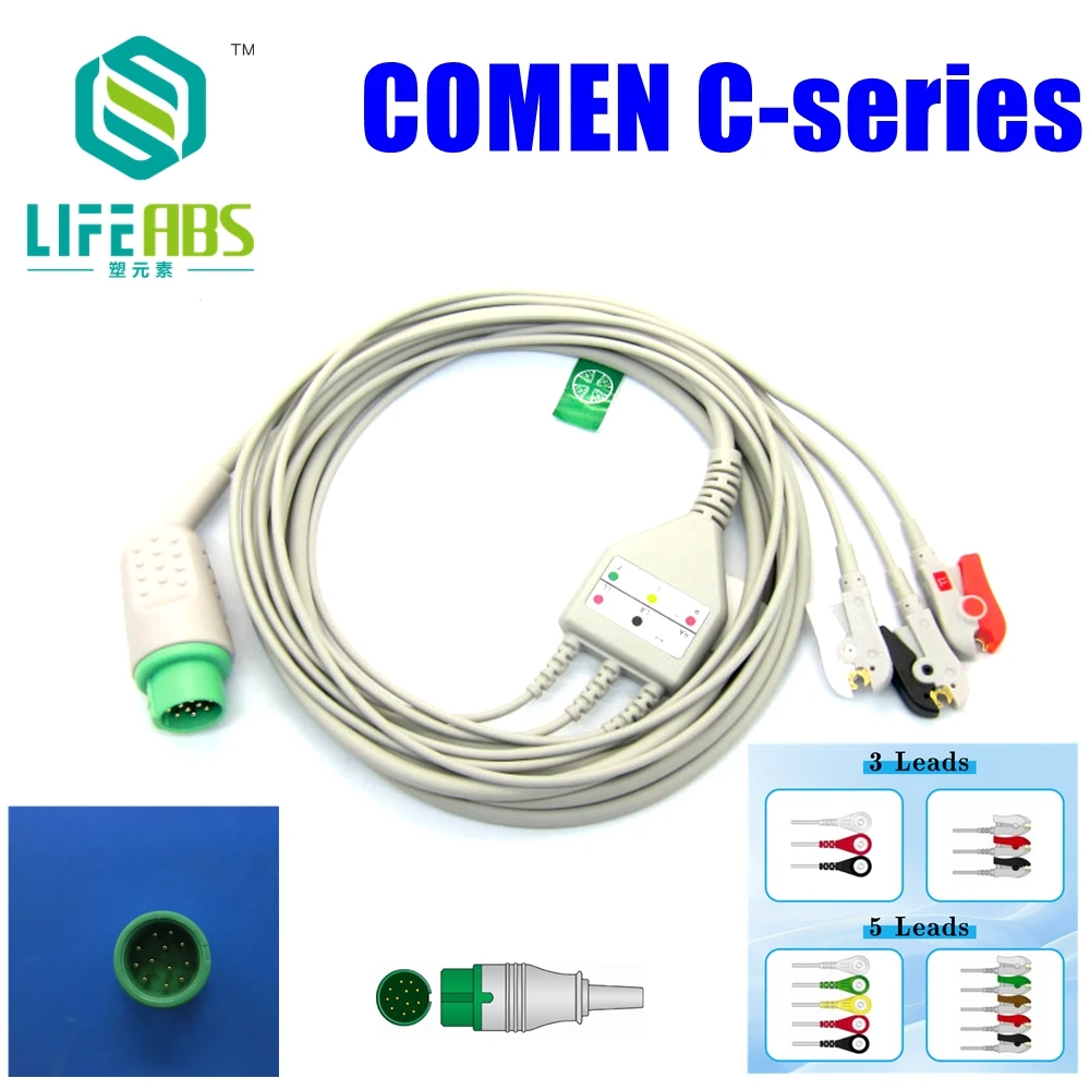 Eendelige Ecg Kabel Ekg Kabel Iec 3 Leidt 5Leads Snap Clip Ekg Monitoring Voor Comen C-Serie Mornitor Machine