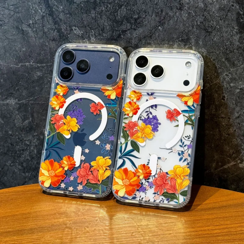 

Suitable for iPhone 17 Pro phone case magnetic transparent Apple 16 small fresh flower 15 pro max protective case
