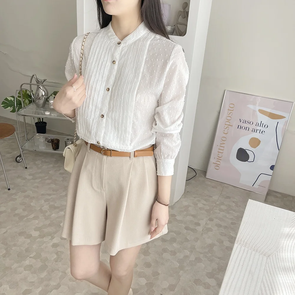   เสื้อทรงสลิมอเนกประสงค์ผ้าฝ้ายแท้ทรงกลมสไตล์เกาหลี แขนยาว แต่งกระดุม สีพื้น