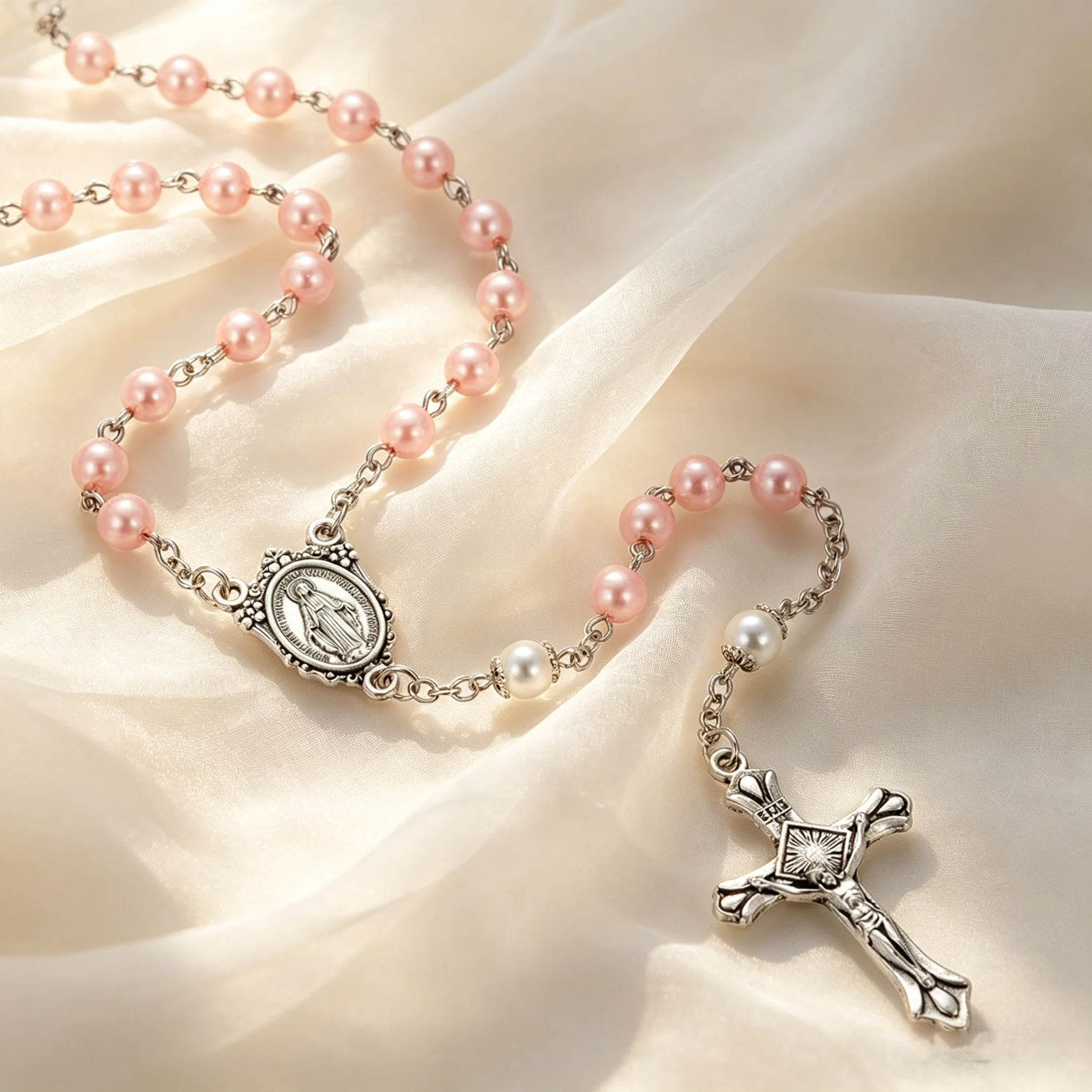 Retro Pink Beads Rosary Virgin Mary Necklace for Women Jesus Cross Tail Chain Y-shaped Necklace Fashion Pray Jewelry Gift