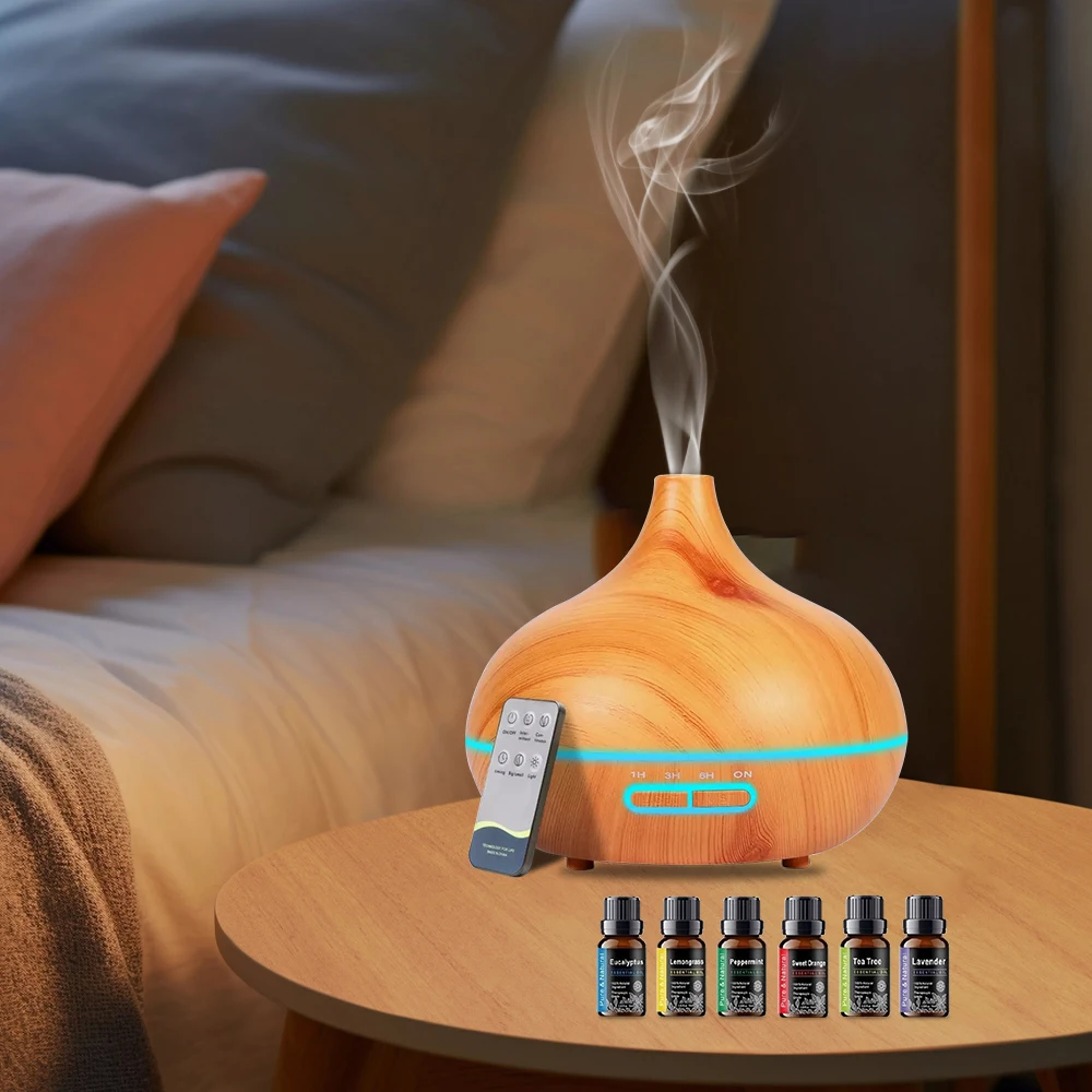 

For Home 550ml Wood Grain Essential Oil Diffuser Remote Control Ultrasonic Air Humidifier 7 Color LED Light 6 Oils