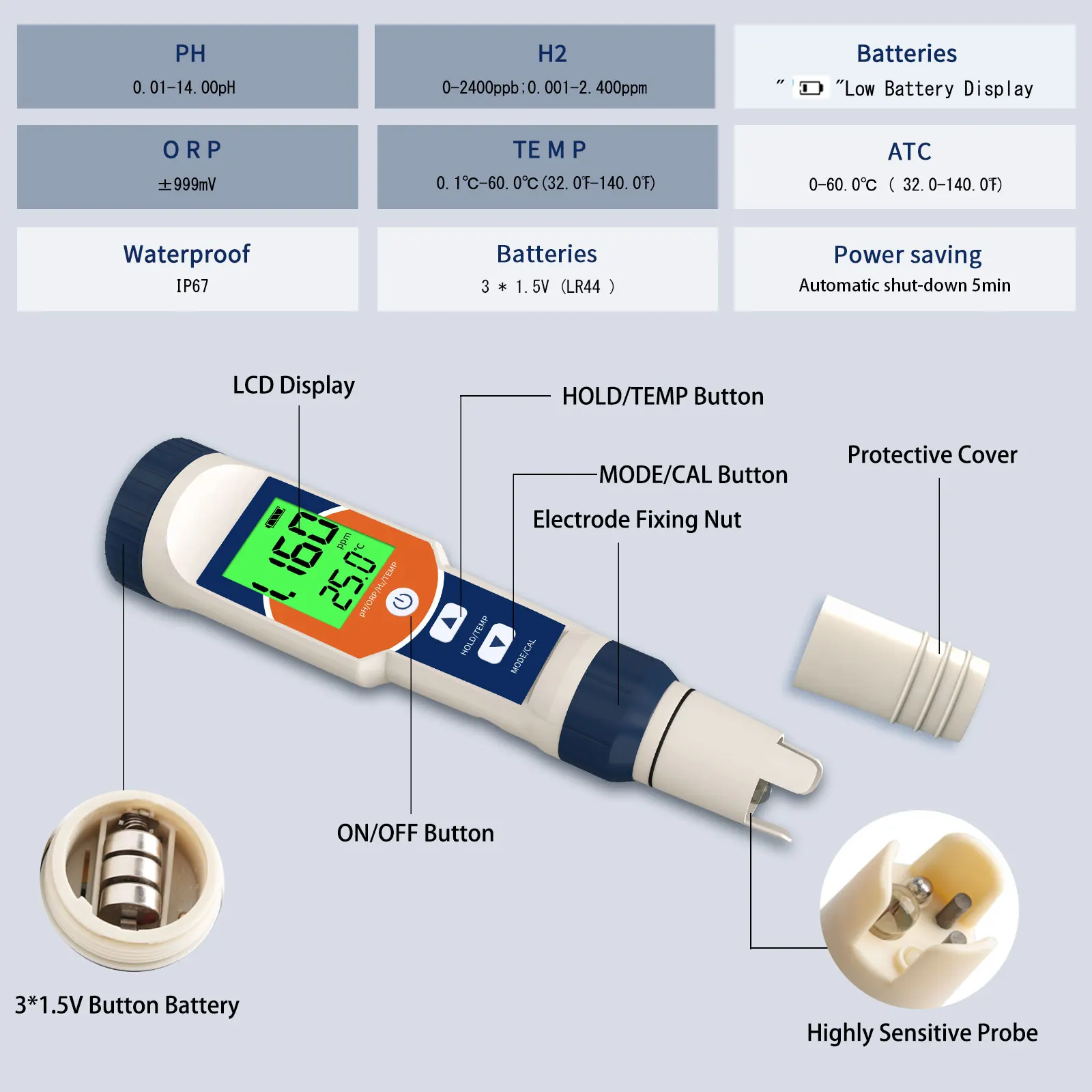 Tester digitale per idrogeno disciolto 4 in 1 PH ORP H2 Kit test temperatura misuratore ppm Analizzatore di purezza dell'acqua per acqua potabile Piscina alimentare