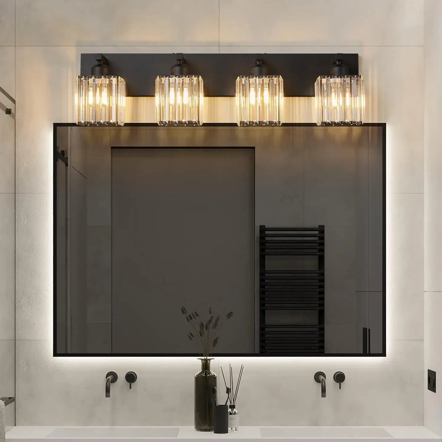 Luz moderna de cristal negro para pared de baño, accesorios de iluminación para tocador, 4 luces