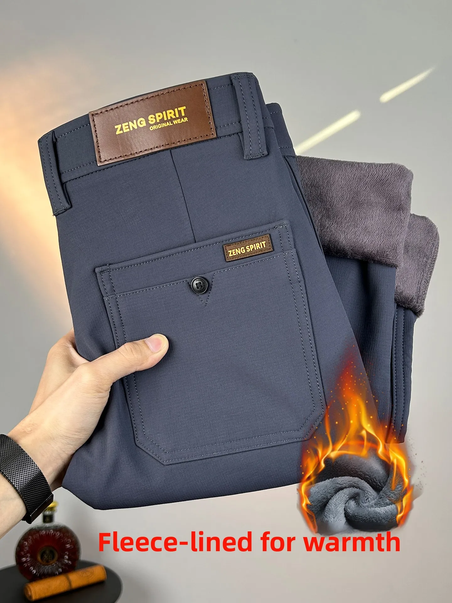 

Men's Fleece Lined Thickened Business Casual Pants Autumn Winter Straight Leg Warm Windproof Cotton Elastic Waist Trousers