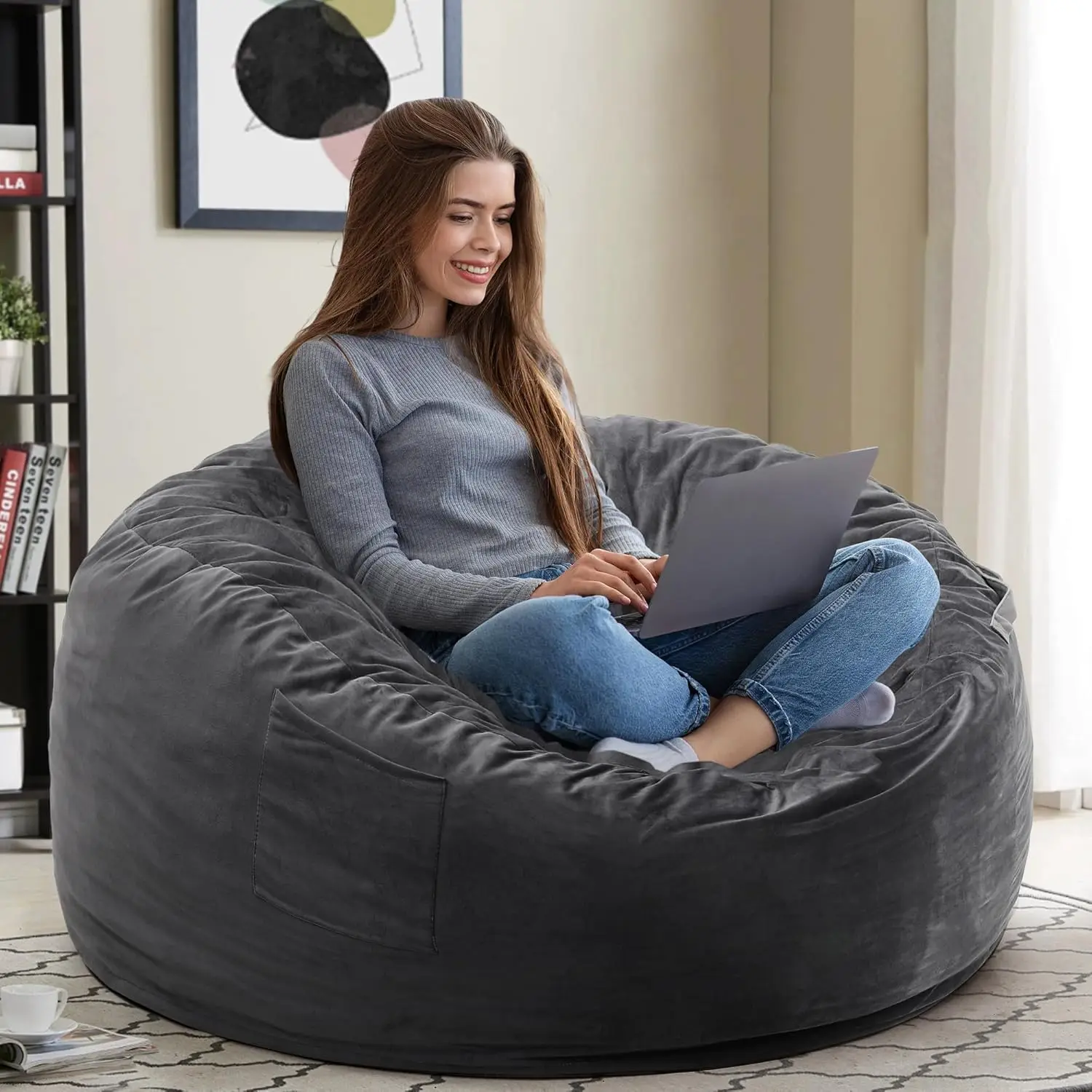 4FT Large Machine Washable Dutch Velvet Bean Bag Chair Complete Memory Foam Filling for Adults Living Room Den Bedroom Dark Grey