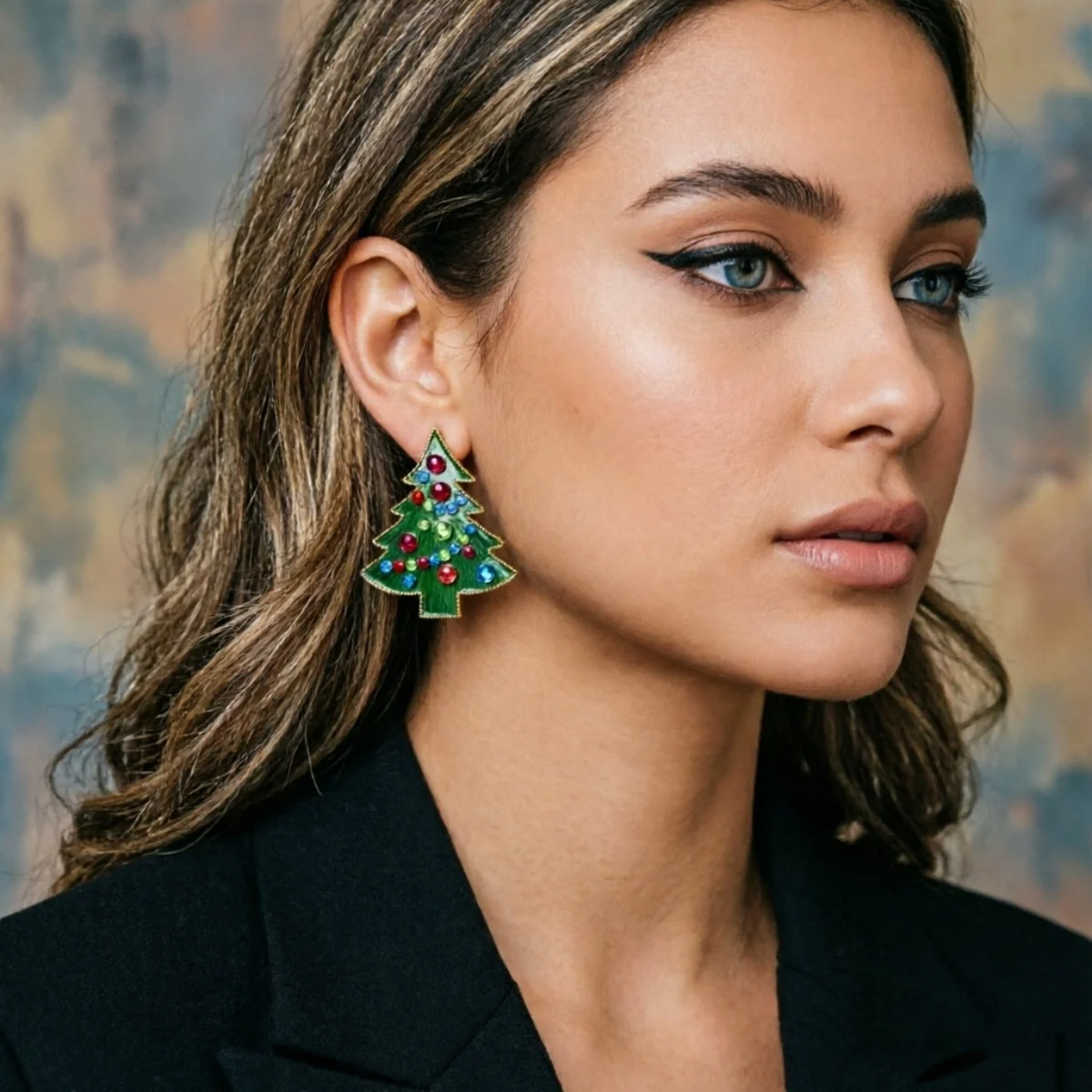 Bunte Strass-Ohrringe mit grüner Emaille, Weihnachtsbaum-Ohrstecker für Frauen, künstliche Perlen, Weihnachtsbaum-Ohrringe, Neujahrsparty-Schmuck – Detail 18