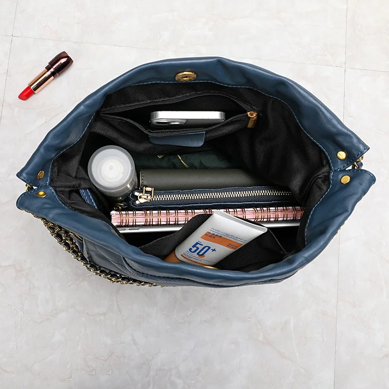 

New Women's Full Leather Tote Bag op Bag with Chain Diamond oulder Water Buet Bag Large Capaci Ladies Bag