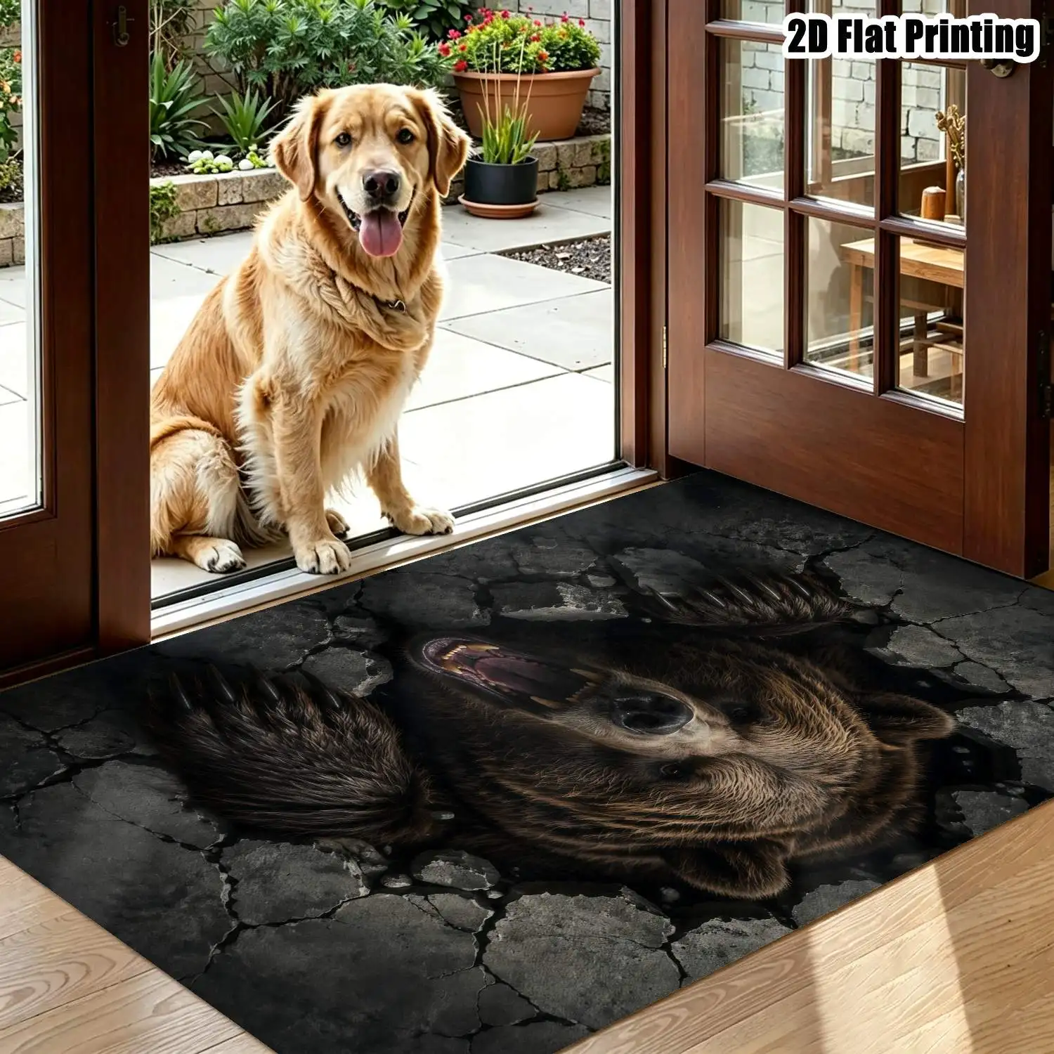 1Pc 2D Printed Carpet: Brown Bear & Broken Map Pattern Nordic/Instagram Style, Modern Minimalist Vintage European Floor Mat, Home Decor, Multi-Size, Machine Washable, for Entrance, Dining, Foyer, Bedroom, Living Room.