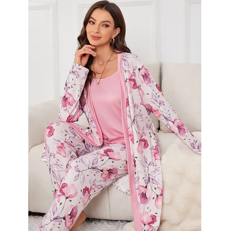 Women's Floral Print 3-Piece Sleepwear Set, Ultra-Soft Cami, Open Cardigan & Pants, Cozy Loungewear for Daily Wear