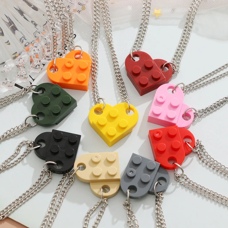 OMY Punk 2Pcs Heart Brick Couples Love Necklace For Lovers Women Men Lego Elements Friends Necklaces Valentines Gift Jewelry