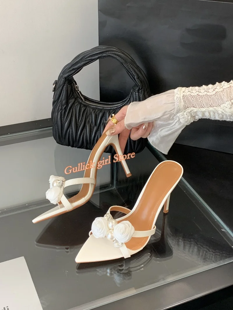 

Flower Pearls Decor High Heel Slippers Sexy Pointy Toe Runway 2026 Summer Women Dress Shoes White Black Slip On Handmade Shoes