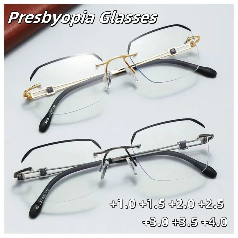 

Fashion Business Frameless Cut Edge Presbyopia Glasses Men's Temperament High-definition Anti Blue Light Glasses Diopter To +4.0