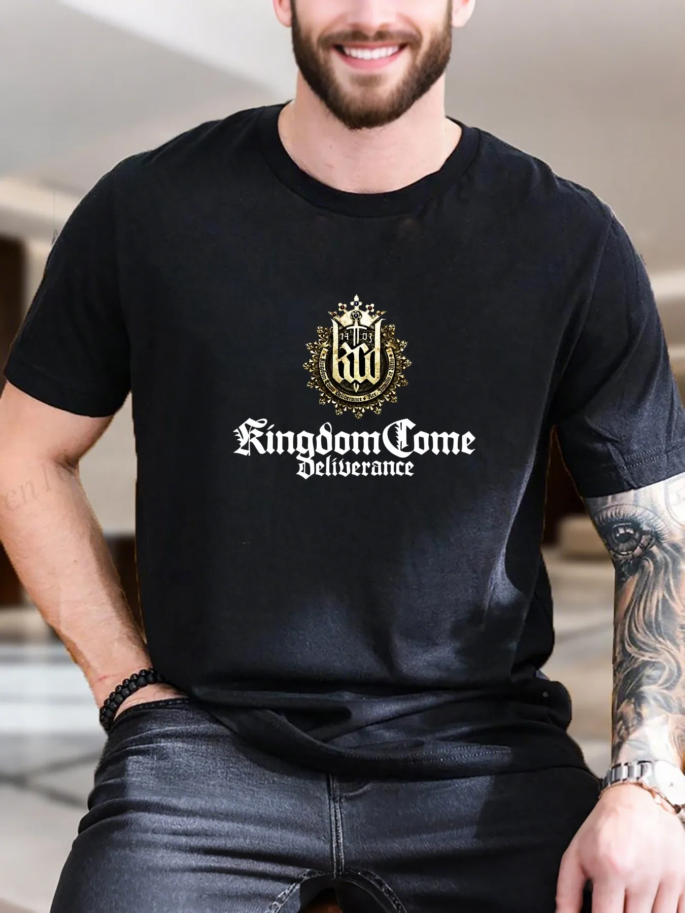 

Men's Cotton Printed T-Shirt - Sword & Shield Badge Design, Breathable & Soft, Casual & Sportswear, Trendy Versatile Tee, Premium