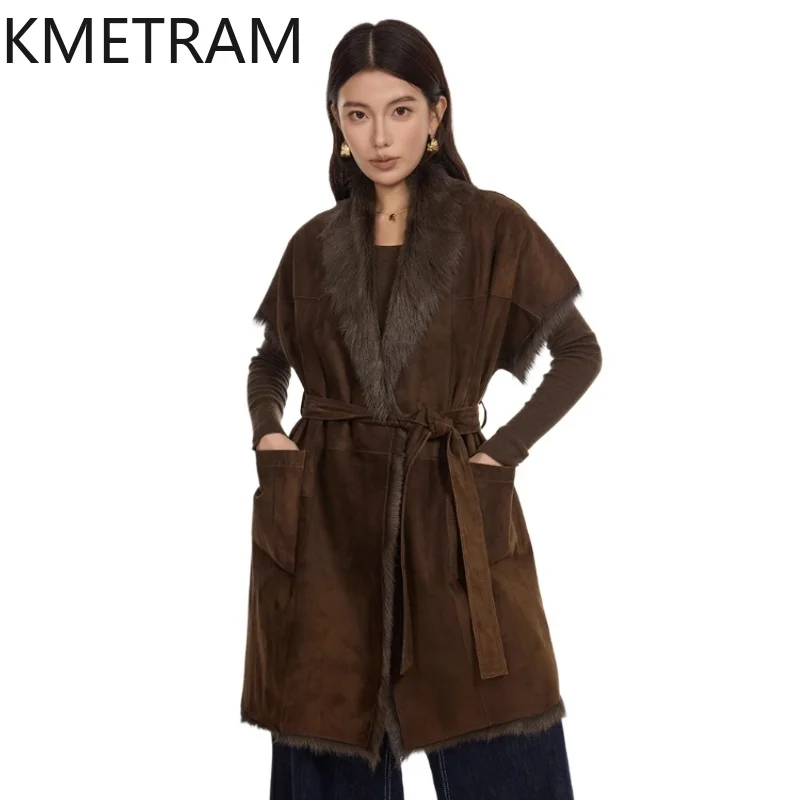 سترة من صوف الغنم الطبيعي من توسكانا مزدوجة الوجه للنساء بأكمام قصيرة معطف فرو حقيقي سترة شتوية من الجلد ملابس نسائية 2025