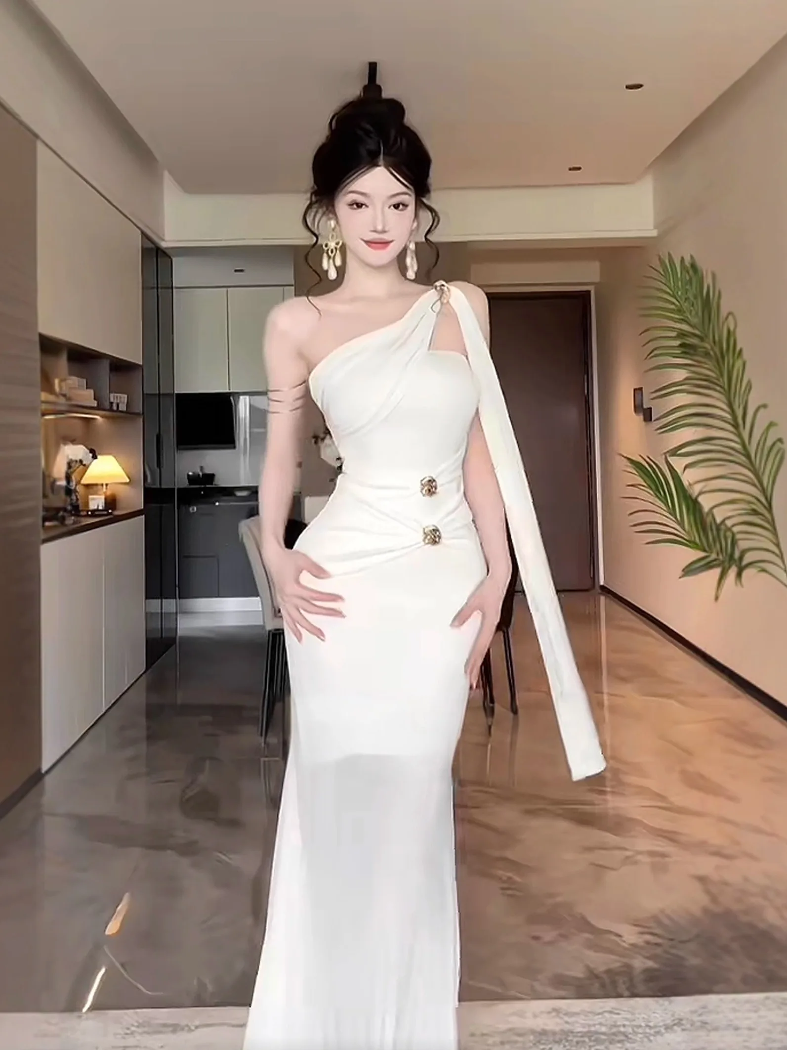 

White oulder-baring Strapl Fi Tail Dr Women's Faion High Waist Knitted Fabric Long Evening Gown Wedding Dr