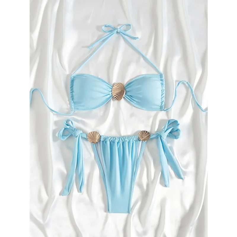 

Комплект бикини с металлическими украшениями в виде ракушки, женский сексуальный плиссированный треугольный бандажный бикини с эффектом пуш-ап, новинка 2025 года, пляжный купальник, бикини из двух предметов