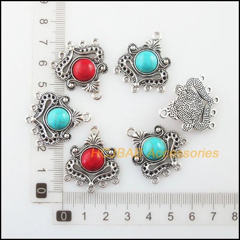 Fashion 6Pcs Retro Tibetan Silver Tone Flower Heart Blue&Red Stone Charms Connectors 26x31mm