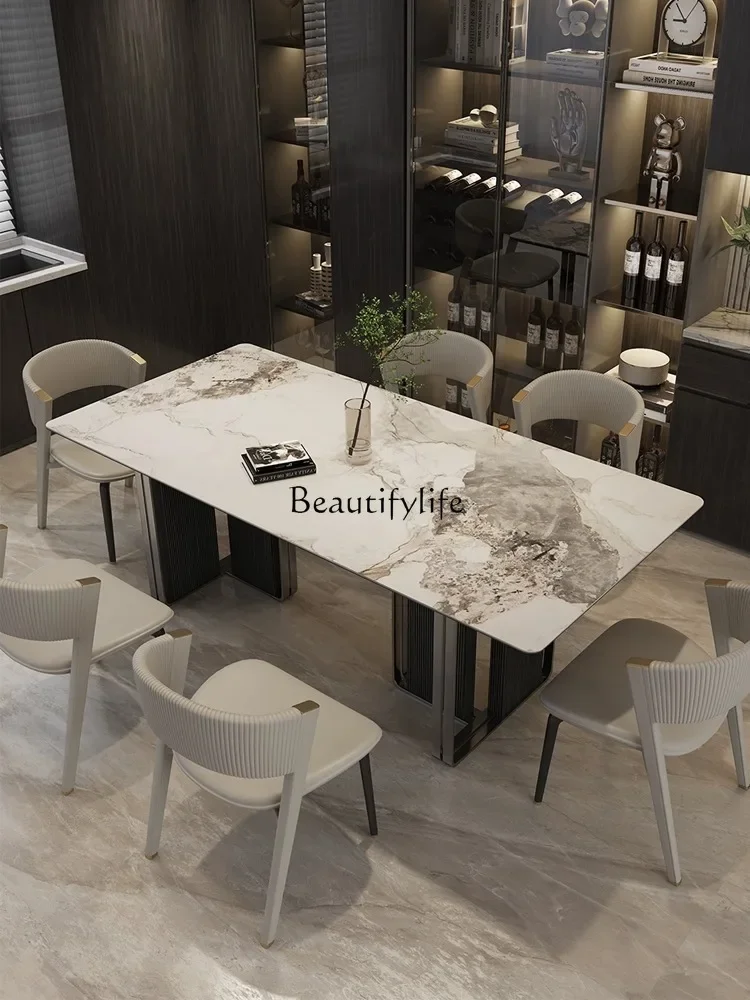 Italian light luxury rock slab dining table modern simple household rectangular stainless steel high-end dining table