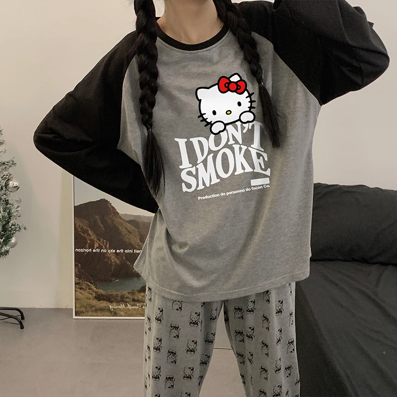 

Sanrio HelloKitty cotton pajamas spring and autumn women's long-sleeved cute cartoon loose round neck women's pajamas loungewear