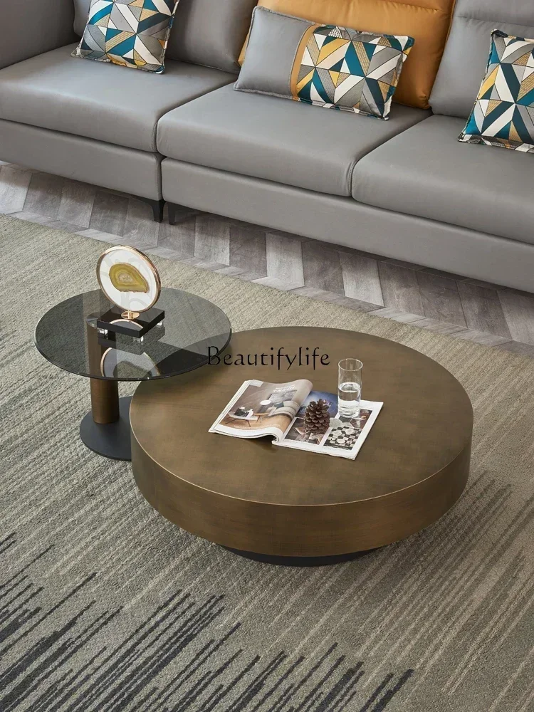 Italian Minimalist Bronze Stainless Steel Glass Coffee Table Living Room round Child and Mother Size Nested Tables