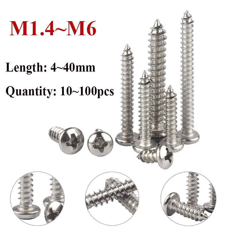 

100pcs~10pcs M1.4 M2 M2.2 M3 M4 M5 M6 stainless steel Cross Phillips Pan Round Head Self tapping Wood Screw