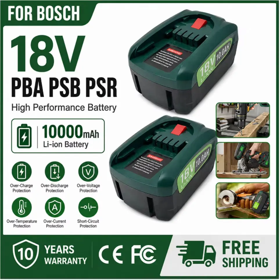 Ersatzakku für Bosch PBA PSB PSR Elektrowerkzeuge 18V 10000mAh Lithium-Ionen-Akku für kabellose Bohrmaschinen, kompatibel mit den Ladegeräten AL1880CV AL1810CV AL18815CV.