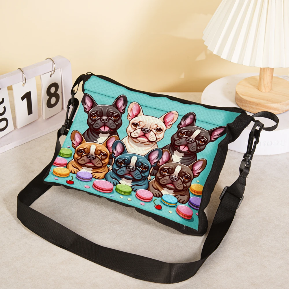 French Bulldog Cartoon Print Crossbody Bag Turquoise Color Six Adorable Puppies With Macarons And Cherry Pattern Shoulder Bags F