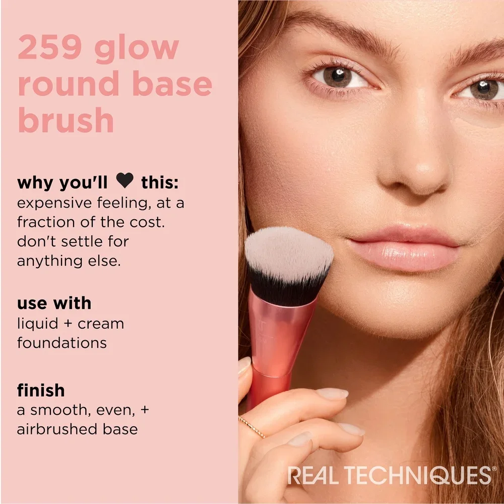 Glow Make-up-Pinsel mit runder Basis, flüssige Creme, Foundation, glatt, vollständige Abdeckung, präzise Anwendung, vegan, tierversuchsfrei, ultraplush