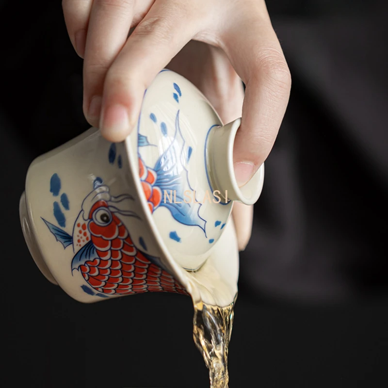 طقم شاي صيني طقم شاي سيراميك منزلي وعاء مغطى بالأسماك الذهبية أدوات شرب المطبخ سيراميك كونغ فو ، طقم شاي Pu Erh