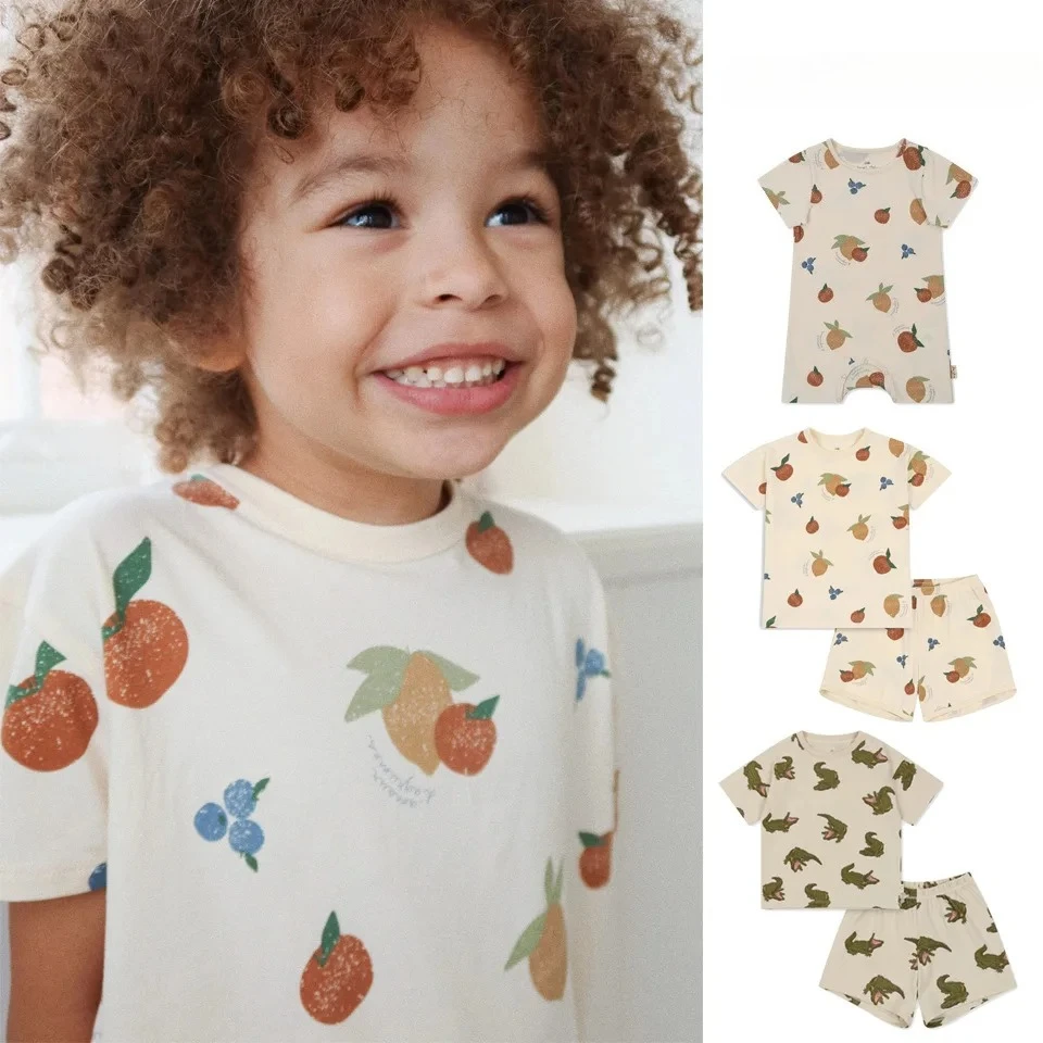

Summer KS Kids Animal Short Sleeves T Shirts Shorts Sets Baby Boys Cotton Clothes Toddler Girls Lemon Printed Jumpsuits Suits