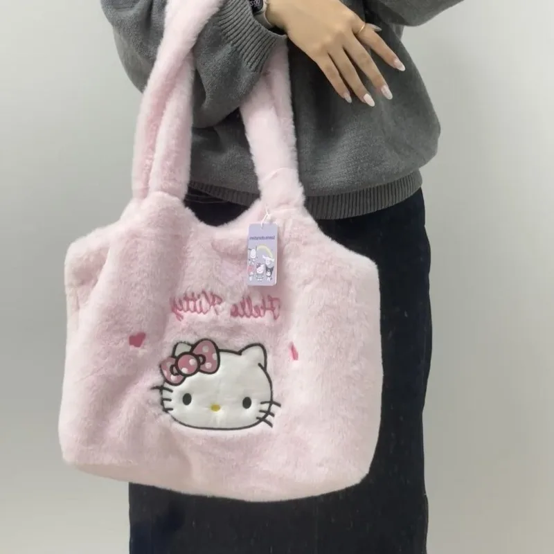 MINISO Bag Hello Kitty Anime Peripheral Winter Fashion Cartoon Delicate Personality Handbag Embroidery Cute Single Shoulder Bag