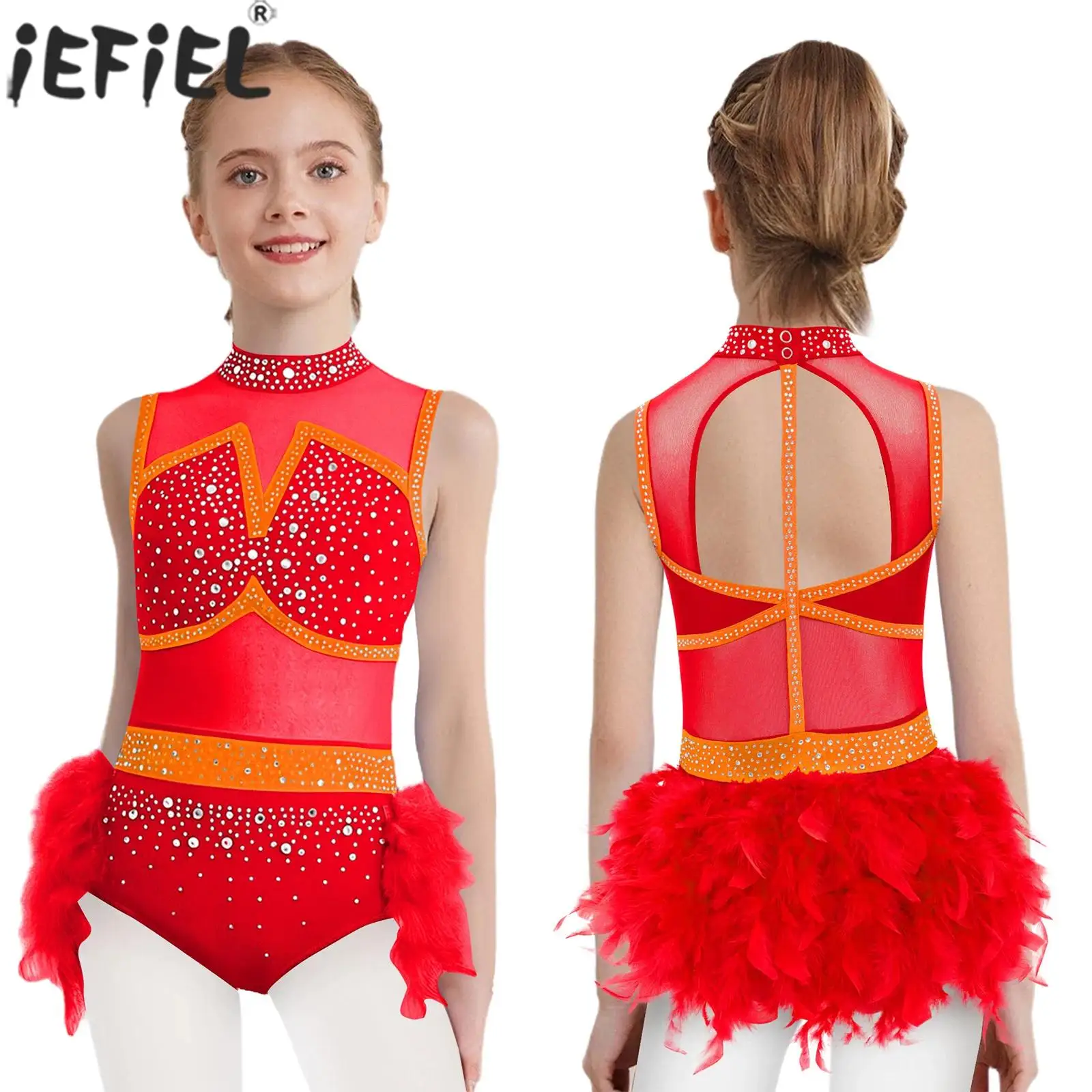 

Girls Latin Jazz Dance Performance Costume Shiny Rhinestone Mesh Feather Leotard Dress for Figure Skating Samba Rumba Cha-cha