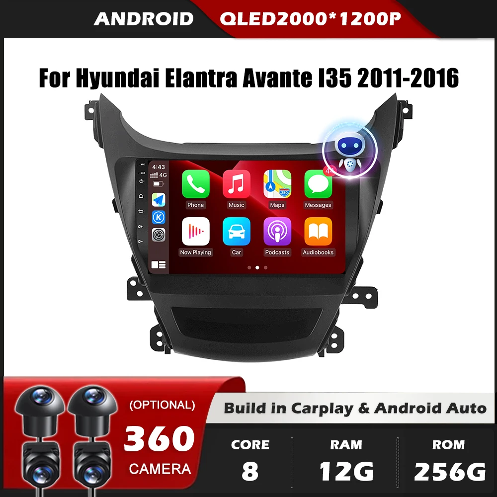 Car Radio For Hyundai Elantra Avante I35 2011-2016 GPS Navigation Android Auto Stereo 5G Wifi Multimedia Player No 2din RDS BT