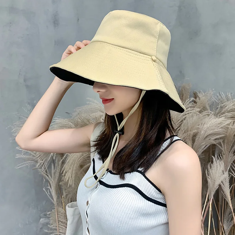 Double-Sided Ladies Wide Brim Sun Hat With String Women Uv Protection Female Outdoor Fisherman Cap Fold Summer Beach Bucket Hat