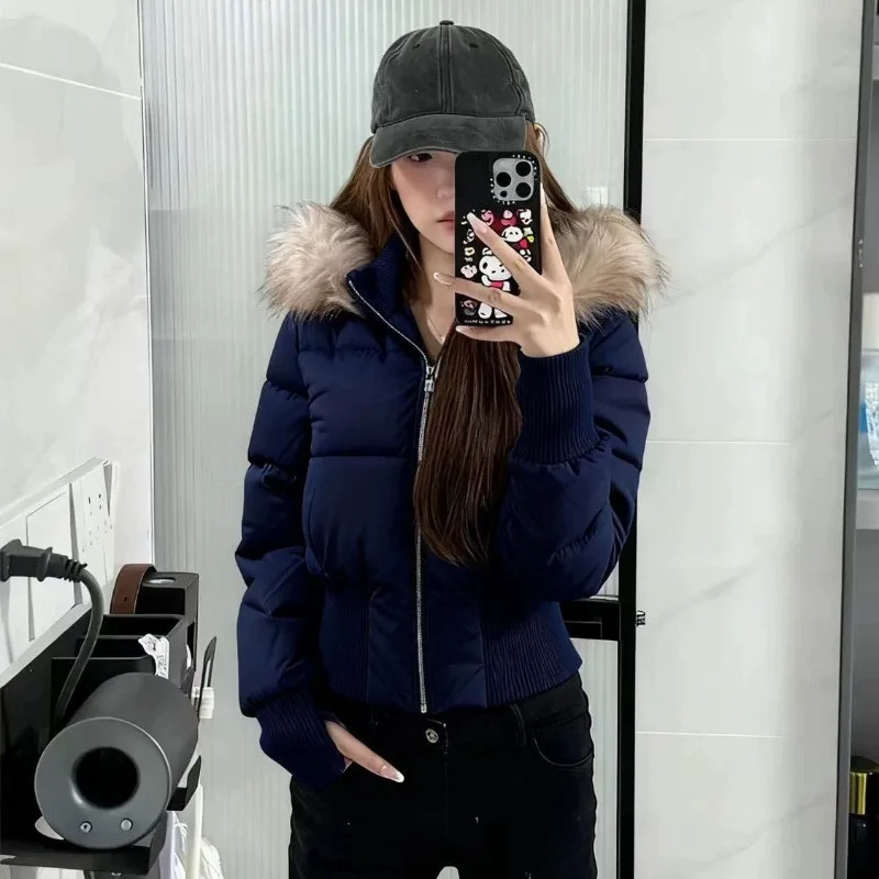 Outono inverno gola de pele com capuz recortado puffer jaqueta feminina quente algodão acolchoado jaqueta curta superior casaco à prova de vento y2k cintura alta