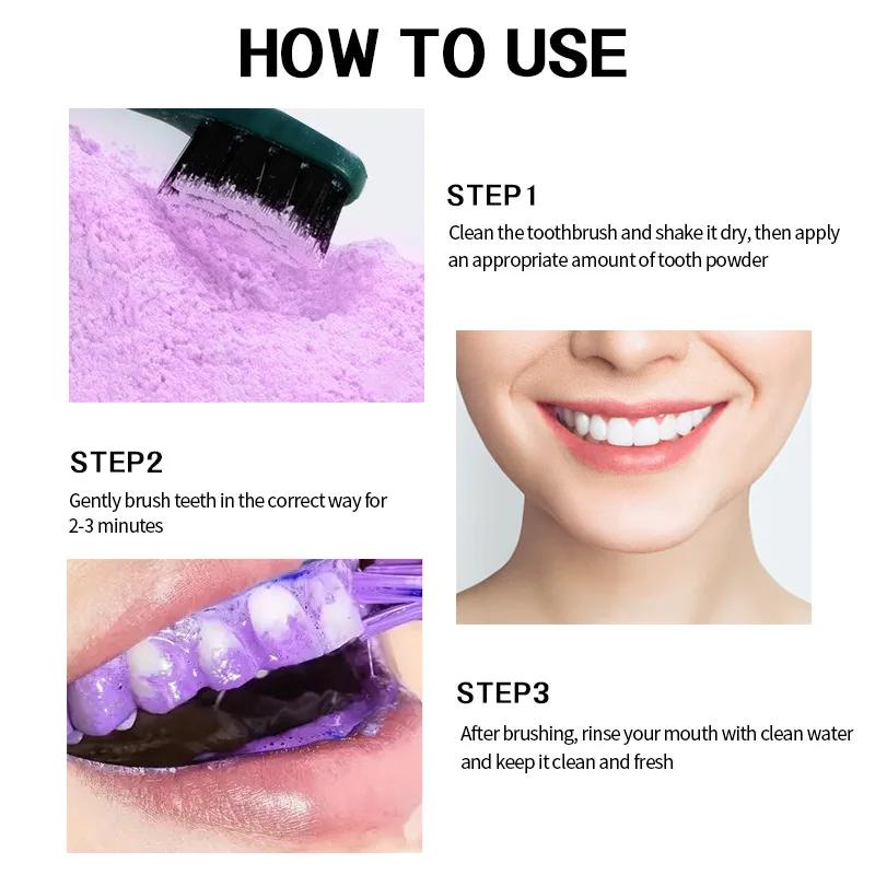 Paarse tandenreinigingspoeder Geen zwavelzuur Diep reinigend en polijsten Blekt tanden binnen 5 dagen Draagbaar Dagelijks gebruik Reizen