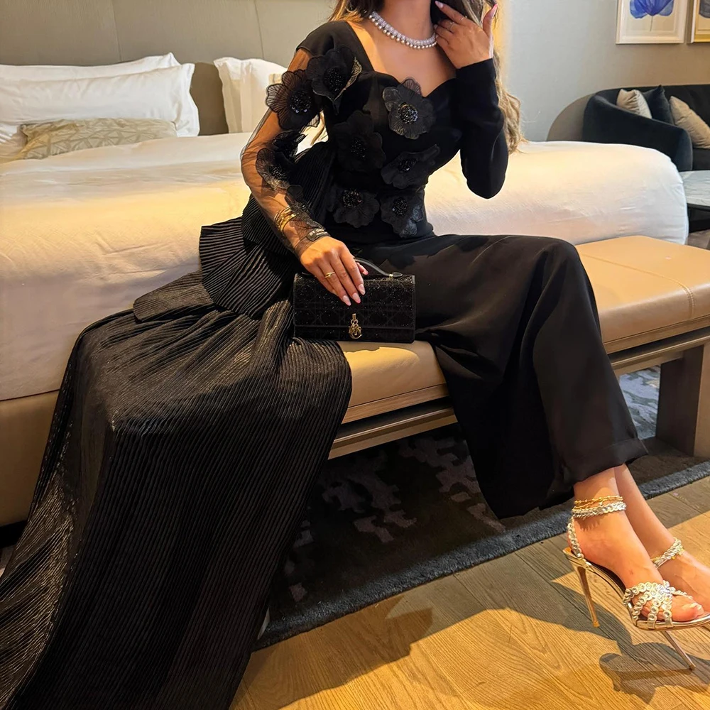 Robe de soirée en jersey sans bretelles avec perles, appliques élégantes personnalisées, manches longues, plis droits exquis