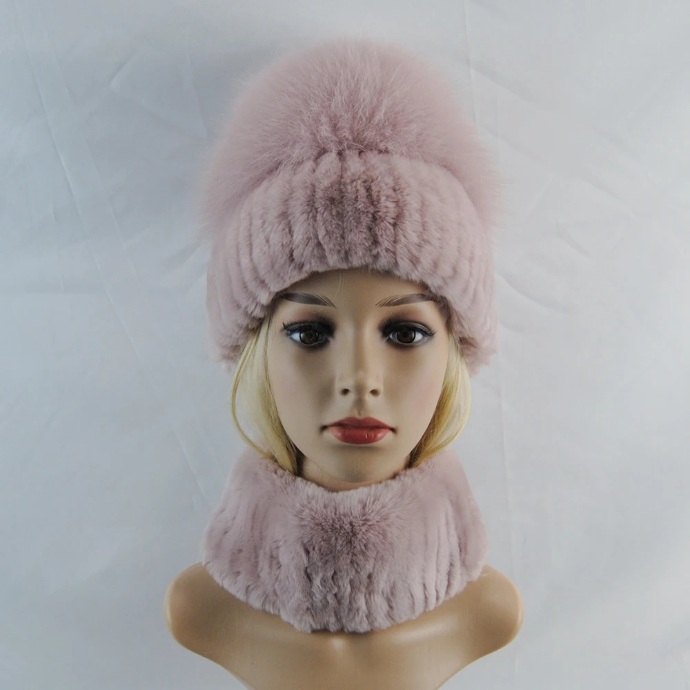 Hot Women Winter Luxury Real Rex Rabbit Fur Hat Scarf 2 Pieces Knitted Rex Rabbit Fur Hat Top Natural Fox Fur Cap Scarves Sets