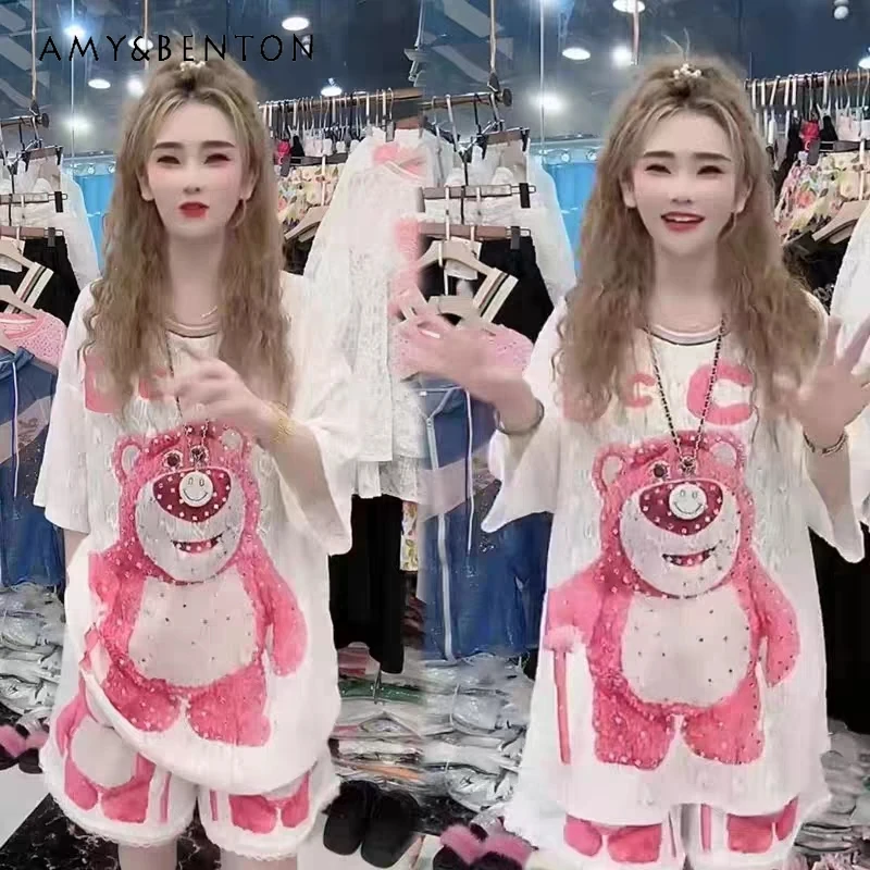 2025 Summer New T Shirts Suit Heavy Industry Beads Cartoon Diamond Drills Loose Oversize Short-sleeved T-shirt Casual Shorts Set