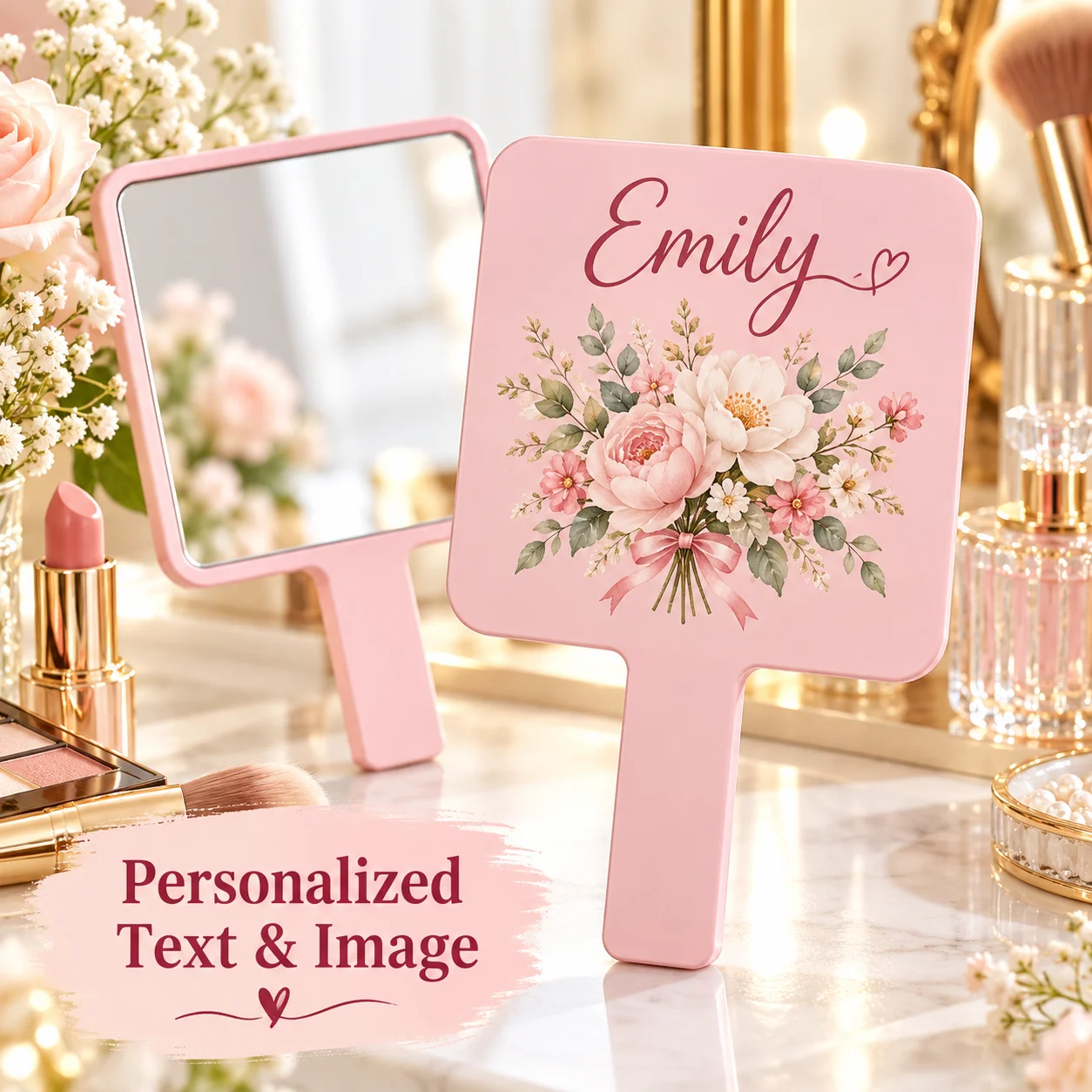 Custom Makeup Mirror Pattern Handheld Plastic Shell with UV Printing Personalized Hand Cosmetic Mirror for Self‑use Bridesmaid