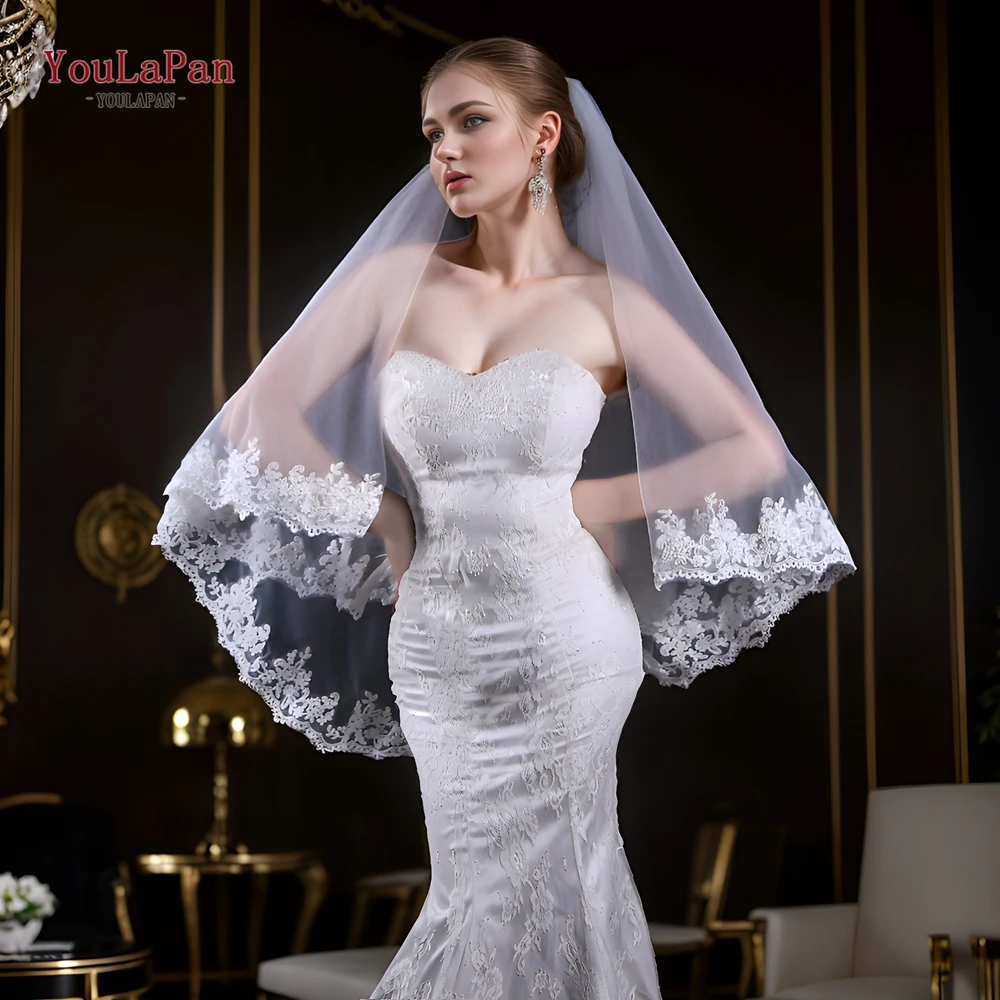 YouLaPan V79 Bridal Veil with Blusher Two Layer Lace Veil Short Bridal Veils Cover Front and Back Elbow Length Lace Wedding Veil