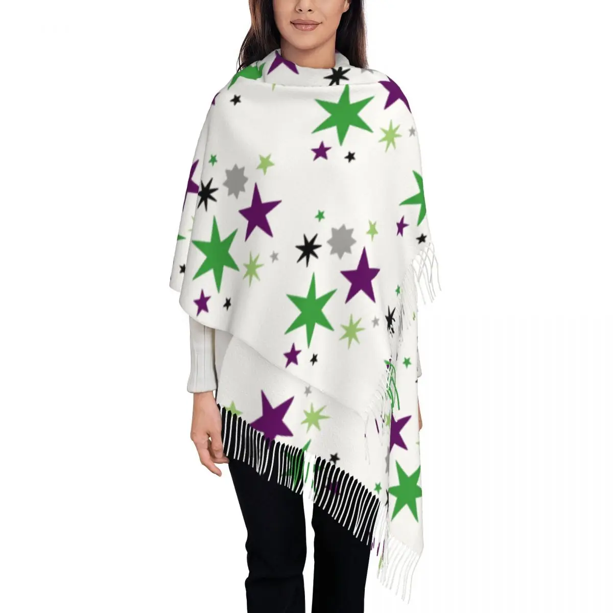 

Subtle Aroace Pride Stars (green And Purple Flag) Scarf Tassel Scarves Women Soft Warm Shawls and Wraps Fall Winter Shawl Wrap