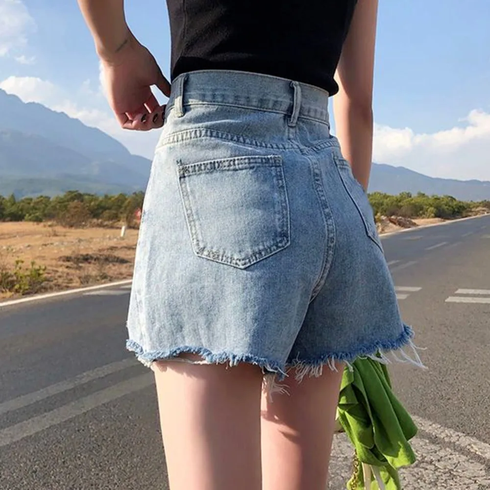 Feynzz Fashion New Summer Women High Waist Button Wigh Leg Jeans Shorts Casual Female Loose Fit Blue Denim Shorts