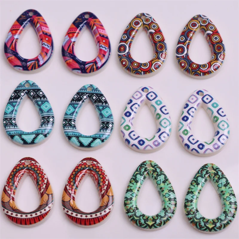 New arrived 100pcs/lot color pattern print geometry water drop shape resin beads with hole diy jewelry garment hair accessory