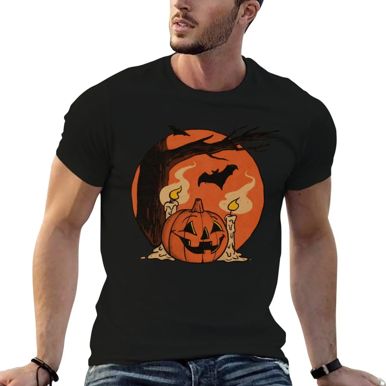 

Vintage Pumpkin Scene Halloween T-Shirt korean fashion vintage animal prinfor boys Aesthetic clothing clothes for men