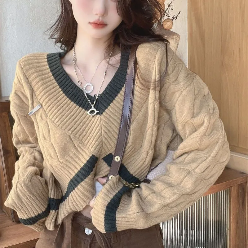 Women\'s Autumn Winter Short Sweater Korean Lady Casual V-Neck Patchwork Long Sleeve Crop Tops 2022 New Knit Pullover Female