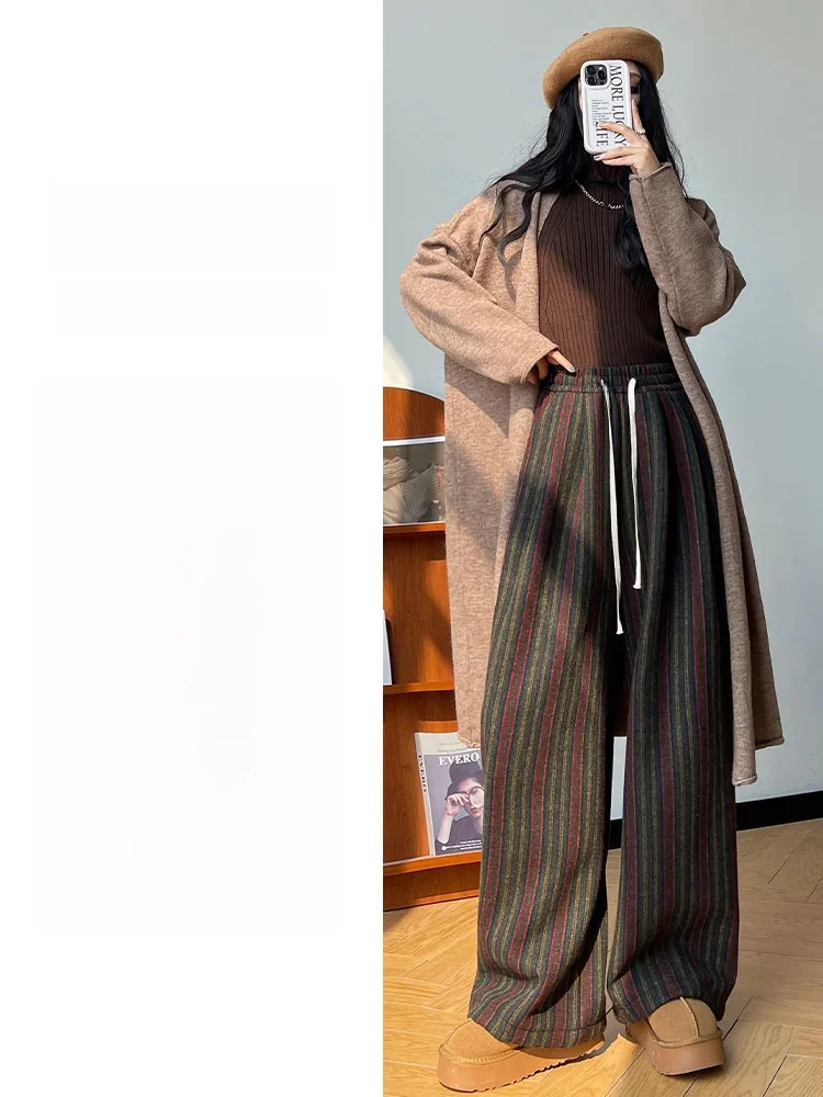 하이웨이스트 와이드 레그 팬츠 여성용 가을 겨울 체크 울 바지 캐주얼 편안한 스트레이트 컷 레트로 레이지 패션