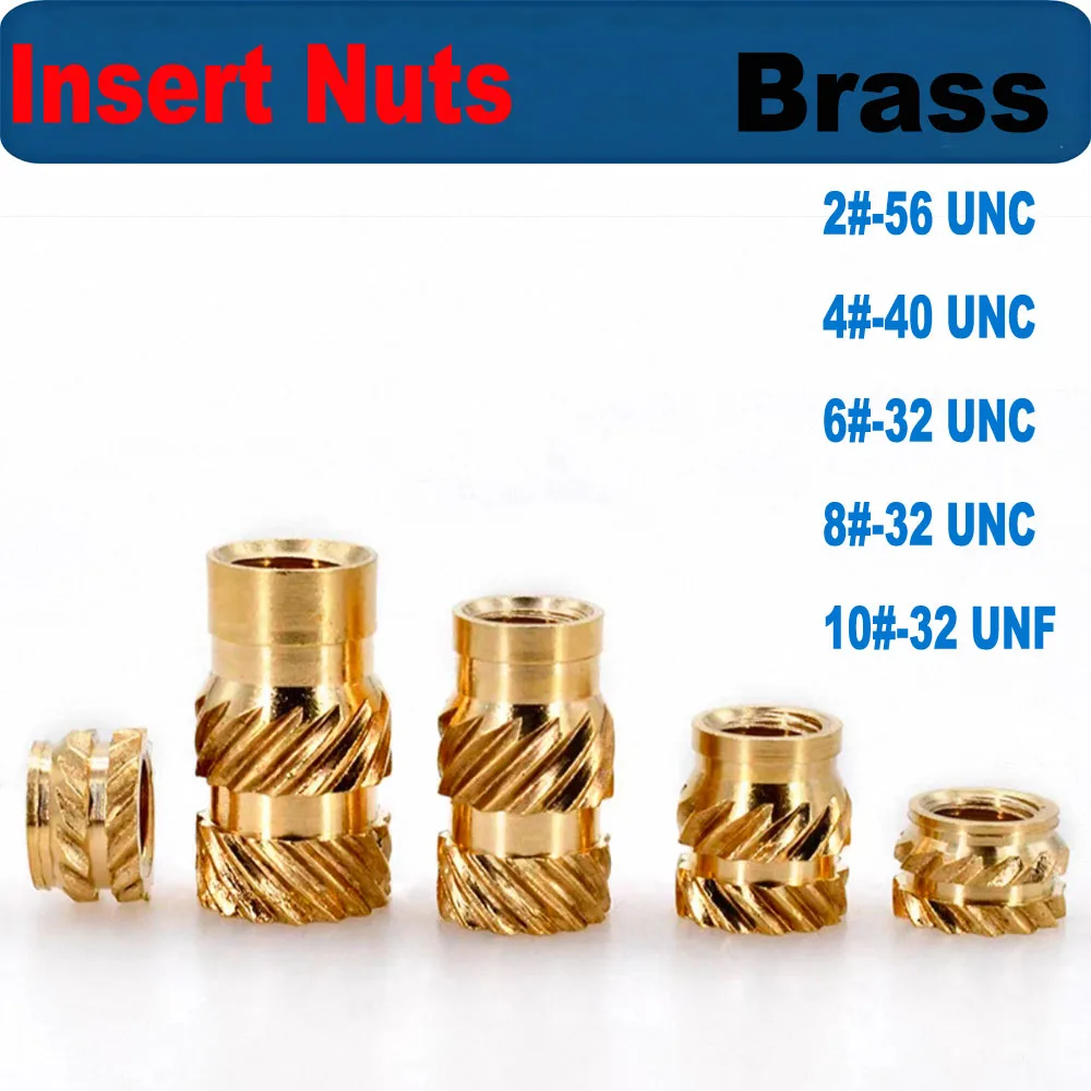 2#-10# UNC UNF Brass Knurled Inserts, Hot Melt Press-Fit Nuts for Plastic Injection Molding