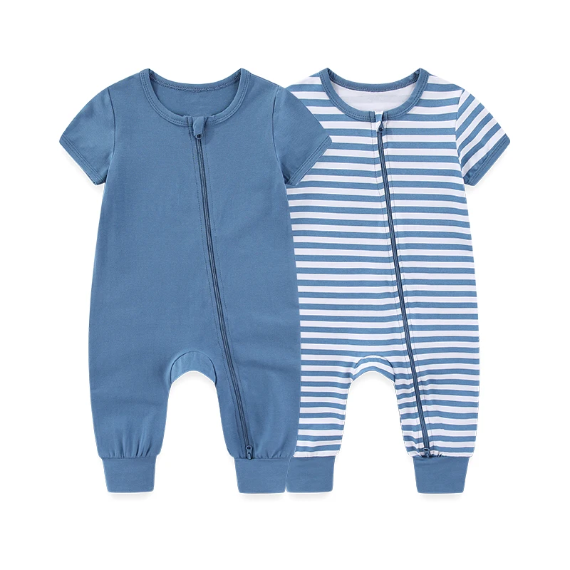 Kiddiezoom 2 Pcs/Lot Unisex Solid Short Sleeve Zipper Baby Boy Girl Romper Cotton Soft Newborn Jumpsuits Clothing